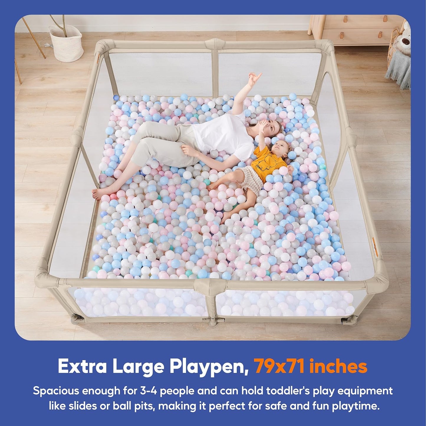 Sweeby Baby Playpen - Extra Large 79x71 Inch Foldable Playpen with Gate | Portable Indoor/Outdoor Use, Beige