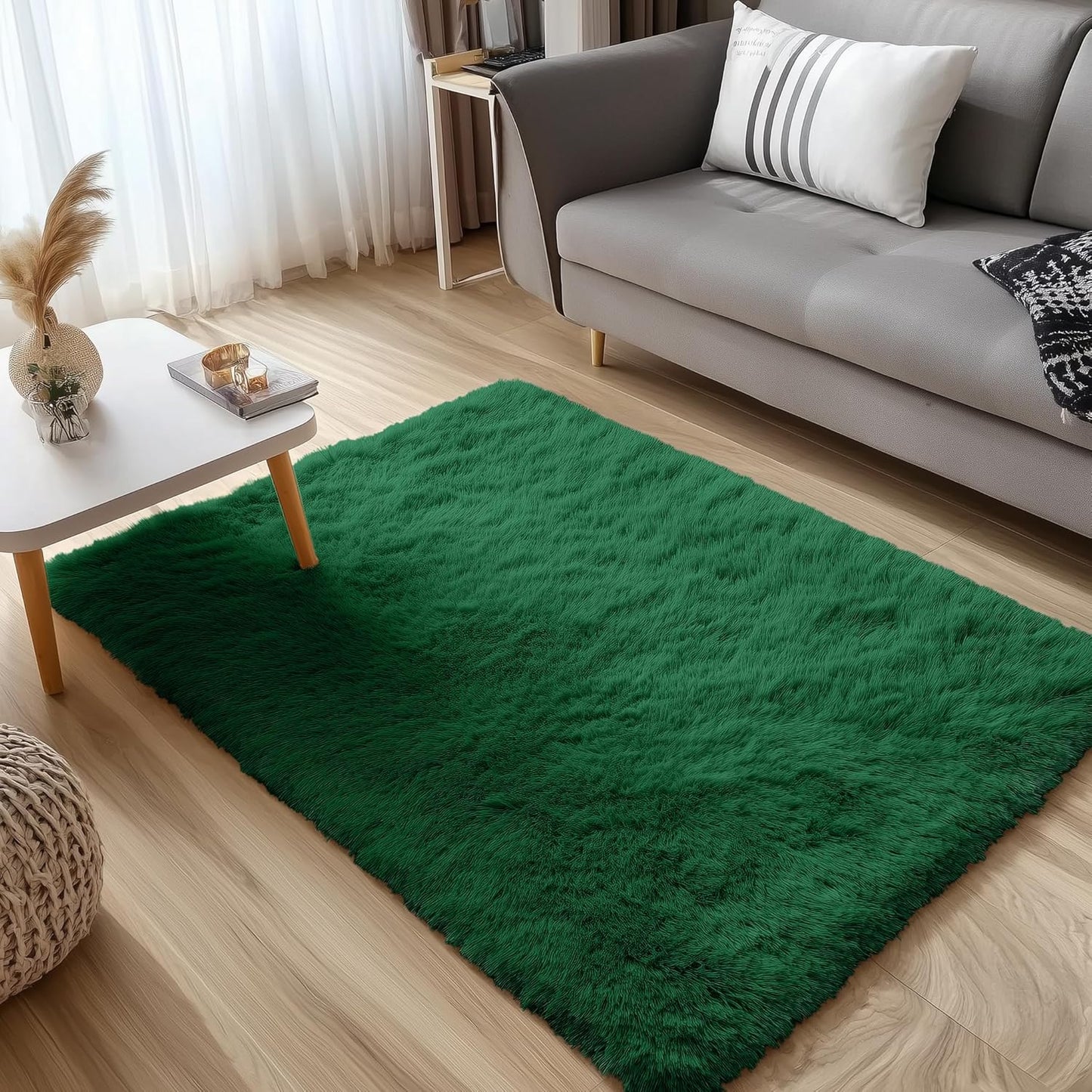 OLANLY Small Bedside Rug - Soft Fluffy Shaggy Carpet for Living Room & Bedroom | Dark Green 3x5 ft