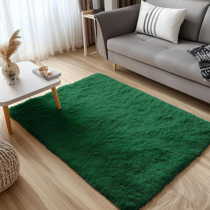 OLANLY Small Bedside Rug - Soft Fluffy Shaggy Carpet for Living Room & Bedroom | Dark Green 3x5 ft