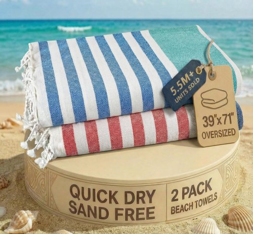 LANE LINEN Beach Towels for Women - 2 Pack Large Beach Towels Oversized, Pre-Washed, Sand Free Towel, Quick Dry, Lightweight and Soft Bath Towel, 39"x71" - Old Glory Teal