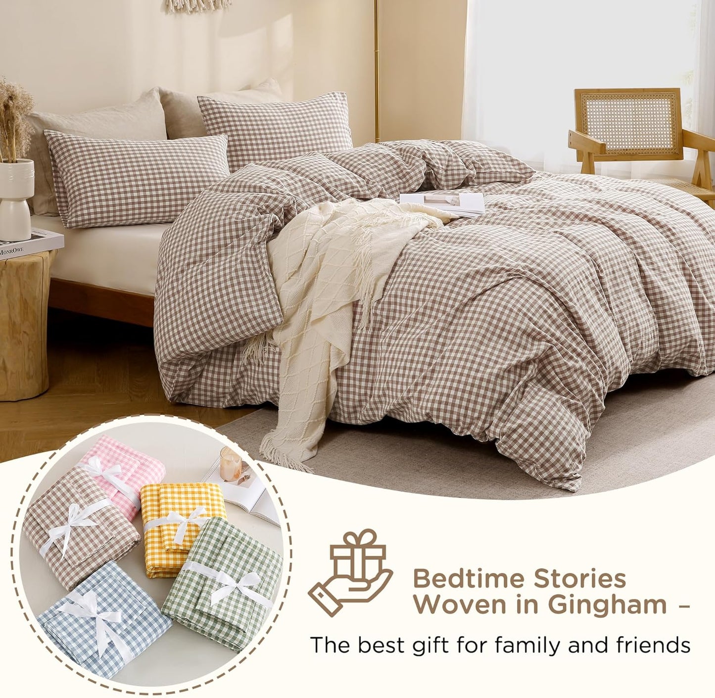 TOCOMOA Tan Gingham Duvet Cover Set - 100% Washed Cotton, Super Soft & Comfy | Queen Size (90"x90")
