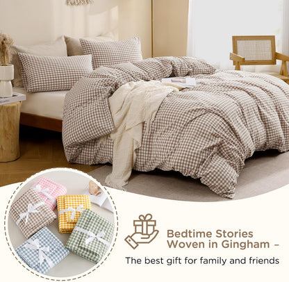 TOCOMOA Tan Gingham Duvet Cover Set - 100% Washed Cotton, Super Soft & Comfy | Queen Size (90"x90")