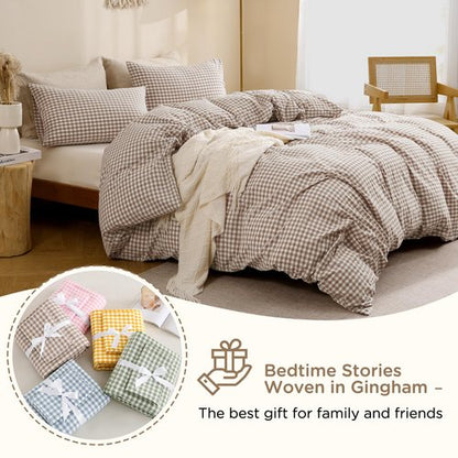 TOCOMOA Tan Gingham Duvet Cover Bedding Set 100% Washed Cotton Like Linen Feel Super Soft Comfy 3 Piece Brown Vintage Plaid Checkered Fall Comforter Cover Set (Queen 90"x90", Comforter Not Included)