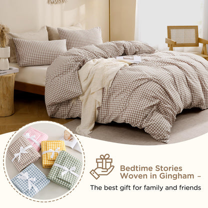 TOCOMOA Tan Gingham Duvet Cover Bedding Set 100% Washed Cotton Like Linen Feel Super Soft Comfy 3 Piece Brown Vintage Plaid Checkered Fall Comforter Cover Set (King 104"x90", Comforter Not Included)
