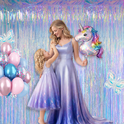 Melsan Iridescent Party Decorations - Holographic Tinsel Foil Fringe Curtain for Mermaid Theme | 2 Packs, 3.2 x 6.56 ft