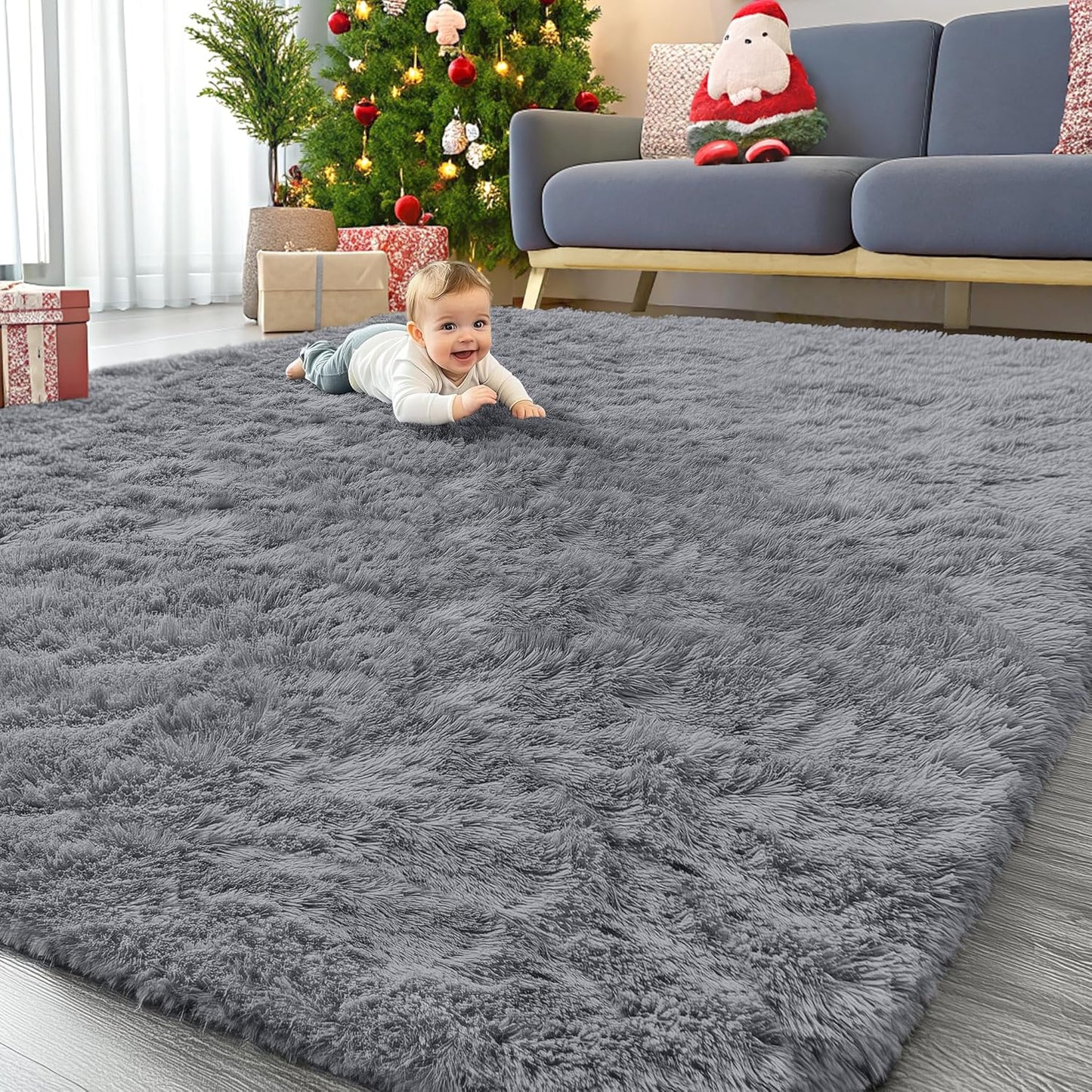 OLANLY 6x6 Area Rug - Soft, Fluffy Shaggy Design for Living Room & Bedroom | Machine Washable, Light Grey
