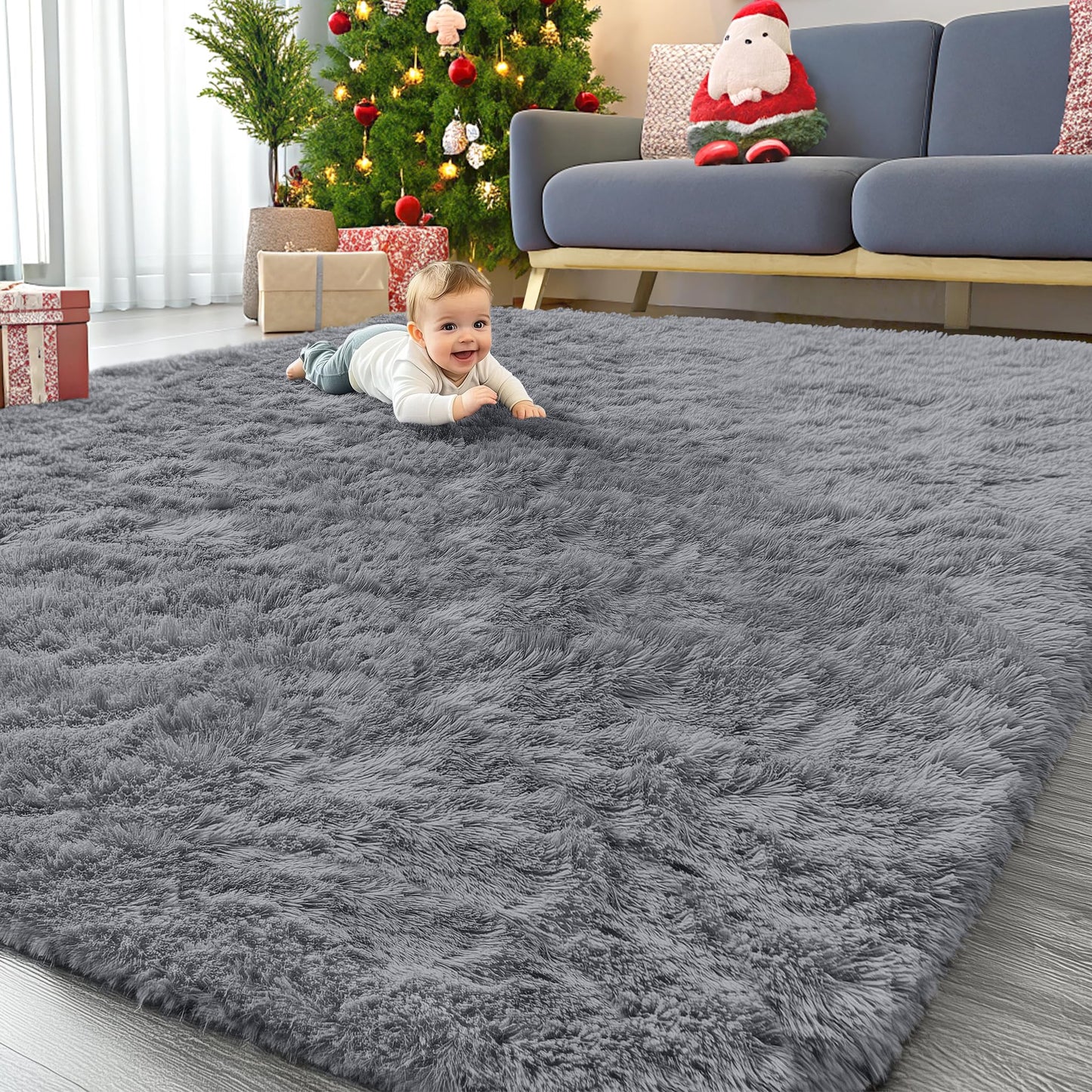 OLANLY 8x8 Machine Washable Large Area Rugs for Living Room, Bedroom, Soft Fluffy Shaggy Bedside Rug, Indoor Floor Carpet for Kids Girls and Boys, Dorms, Nursery, Home Decor Aesthetic, Light Grey