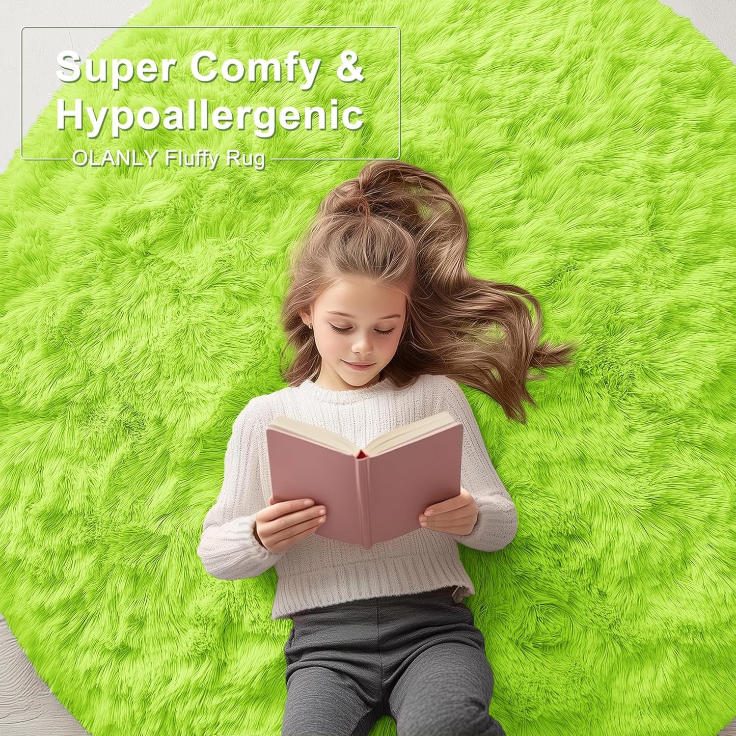 OLANLY Lime Green Round Rug - Soft, Fluffy Shaggy Carpet | 5 ft Machine Washable Area Rug for Bedroom & Living Room Decor