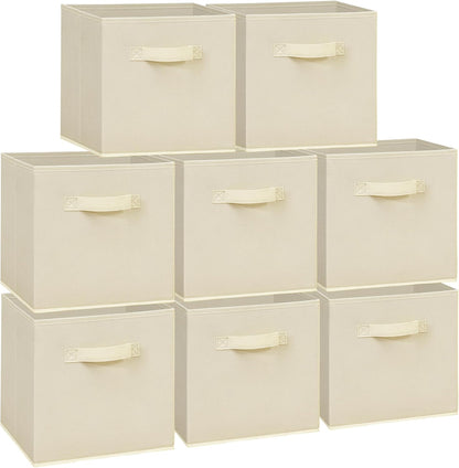 Skiennix 11x11 Storage Bins - Set of 8 Collapsible Fabric Organizers with Handles | Beige