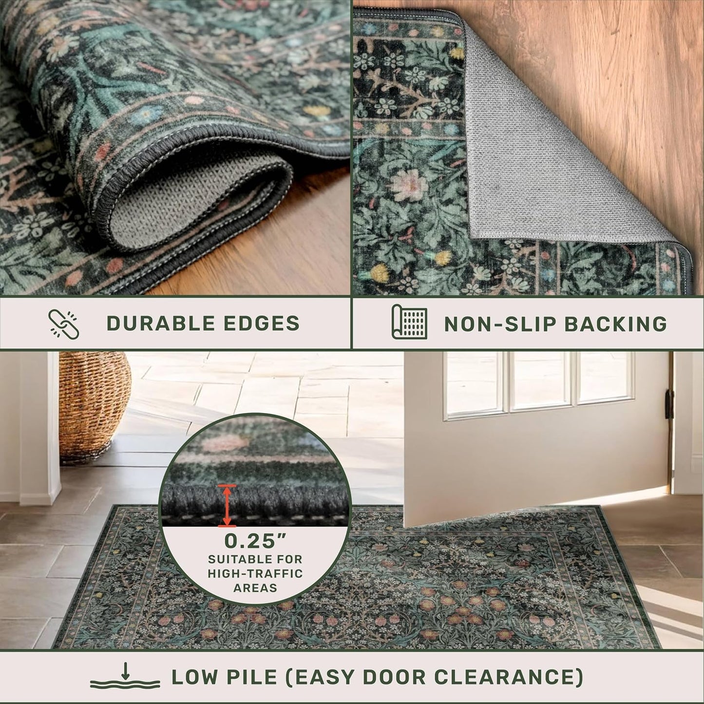 Boho Vintage Floral Kitchen Runner Rug - Non-Slip, Washable Rubber Backed | Dark Green Low Pile Carpet for Entryway & Hallway