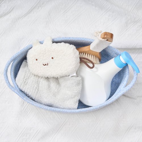 Kodomoore Small Woven Easter Basket with Gift Bag and Ribbon – Empty Burr Basket for Gifts, Baby Shower, & Birthdays – Decorative Rope Storage Organizer for Shelves, 12"x8"x5", Blue