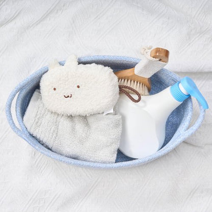Kodomoore Small Woven Easter Basket with Gift Bag and Ribbon – Empty Burr Basket for Gifts, Baby Shower, & Birthdays – Decorative Rope Storage Organizer for Shelves, 12"x8"x5", Blue