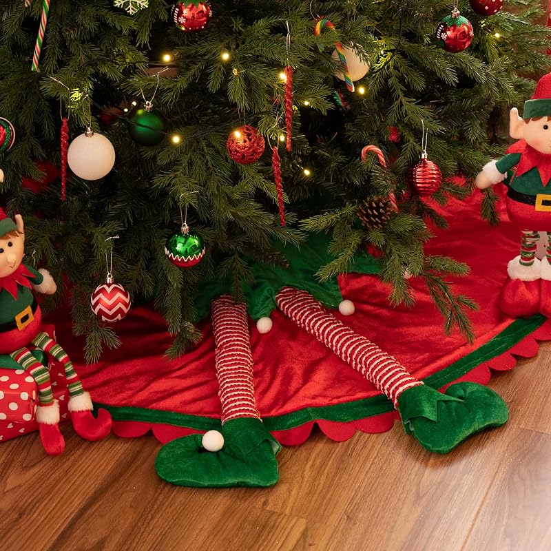 Valery Madelyn 48" Elf Christmas Tree Skirt - Red & Green Velvet