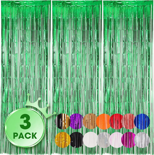 Voircoloria Green Foil Fringe Backdrop Curtains - 3 Pack Tinsel Streamers for Parties & Events | 3.3x8.2 Feet