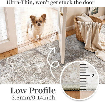 Skiennix Washable 2x5 Entryway Runner Rug - Modern Abstract Non-Slip, Easy-Clean, Stain-Resistant (Brown/Beige)