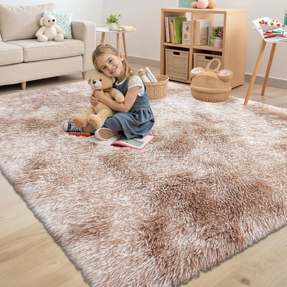OLANLY Area Rugs - Soft Fluffy Shaggy Indoor Carpet for Living Room & Bedroom | 4x5.9 Feet, Beige Tie-Dye
