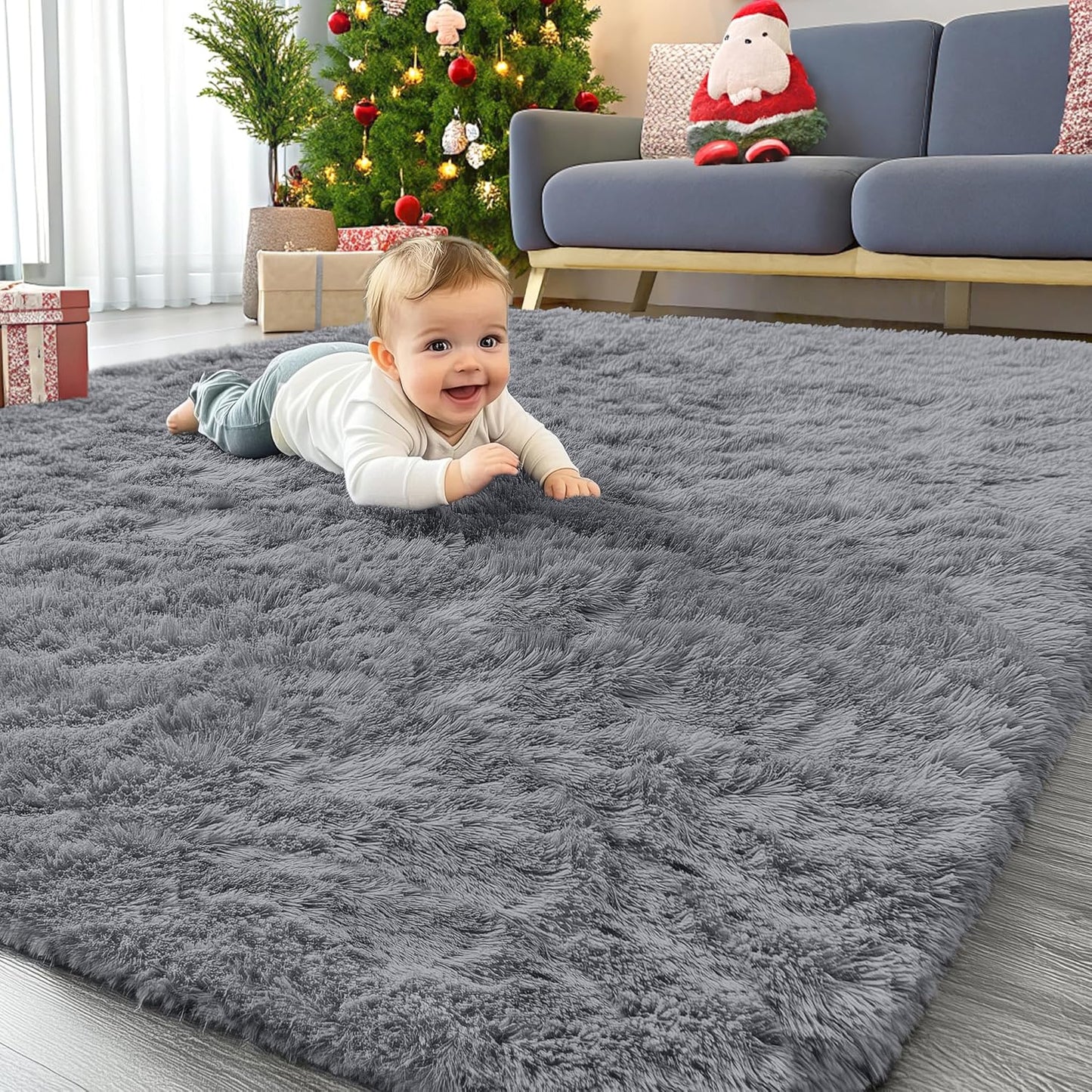 OLANLY Area Rug - Soft Fluffy Shaggy Design for Living Room & Bedroom | Machine Washable 4x5.9 ft Light Grey