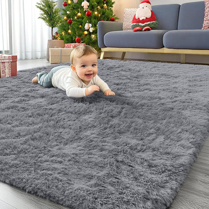 OLANLY Area Rug - Soft Fluffy Shaggy Design for Living Room & Bedroom | Machine Washable 4x5.9 ft Light Grey