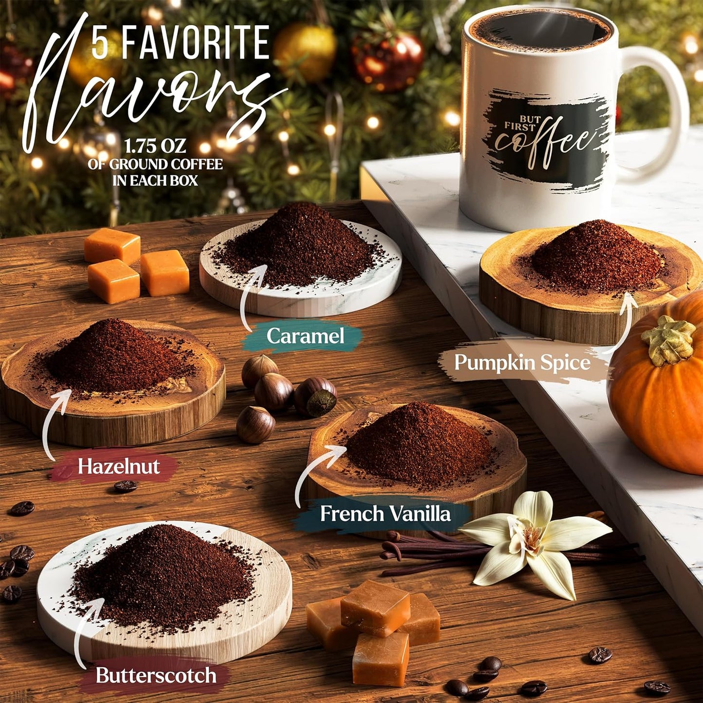 Skiennix Coffee Gift Set - 5 Gourmet Ground Coffee Flavors with Mug | Unique Christmas Present for All