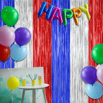 Patriotic Tinsel Backdrop by [Brand Name] - 12 Pack Metallic Blue, Silver & Red Fringe Curtains | 3.28 FT x 7.05 FT Independence Day Party Decor