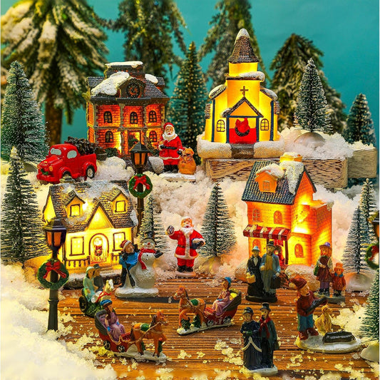 Wettarn 26 Pcs LED Christmas Village House Set - Lighted Figurines for Festive Home Decor