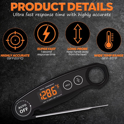 Skiennix Instant Read Food Thermometer - Rechargeable Digital Meat Thermometer for Cooking & BBQ | Waterproof