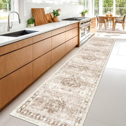 Hazo Haus Non Slip Hallway Runner Rug - 2 x 10 Runner Rug, Washable & Waterproof Kitchen Floor Mat - Extra Long Neutral Farmhouse Boho Design Décor (2x10 Beige/Latte)