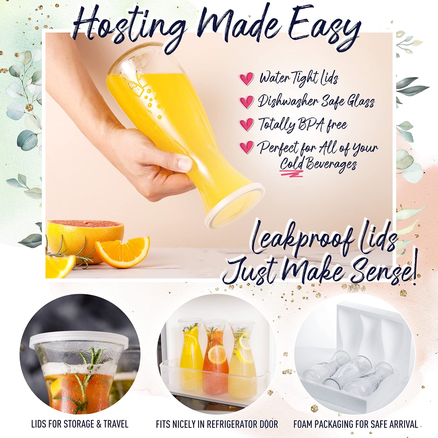 Prestige Mimosa Bar Kit - Glass Carafe (27oz) & Brunch Decor, Pitcher w/Plastic Lid, Bubbly Juice Carafes for Mimosa Bar Supplies, Baby Bridal Shower (Set of 3)