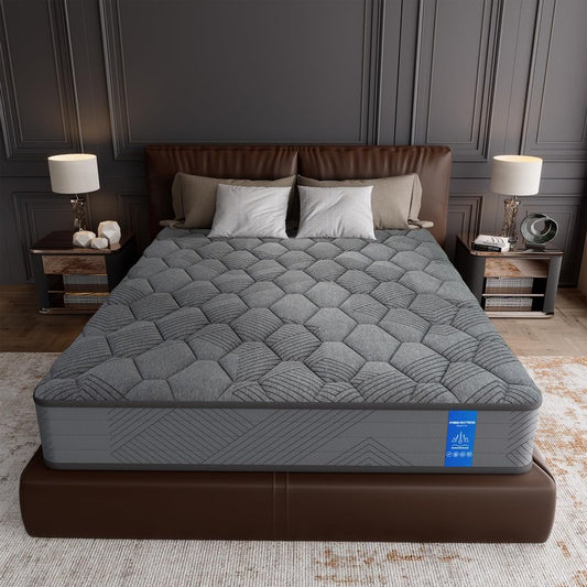 Veloflow Mattress in a Box, Medium-Strength Memory Foam, Relieves Back and Neck Pain, Individual Pocket Coil Springs, Sports Isolation, Edge Support, Breathable (Grey, Queen (U.S. Standard))