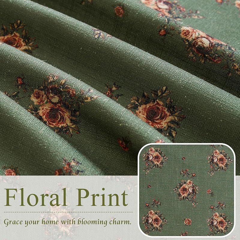 StangH Vintage Green Floral Linen Curtains 84-Inch Long, 2 Panels – Rose on Green Variation