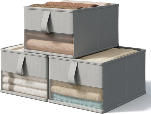 Foldable Storage Bins by [Brand Name] - Breathable Fabric Organizers with Clear Window | 3-Pack Gray, 11.5x8.75x6.5in for Closet, Toys & More