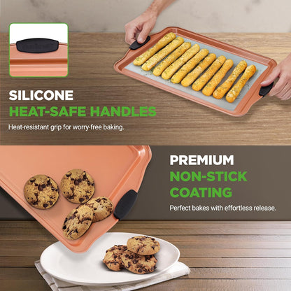 NutriChef Nonstick Carbon Steel Cookie Sheets - 3 Piece Bakeware Set with Black Silicone Handles