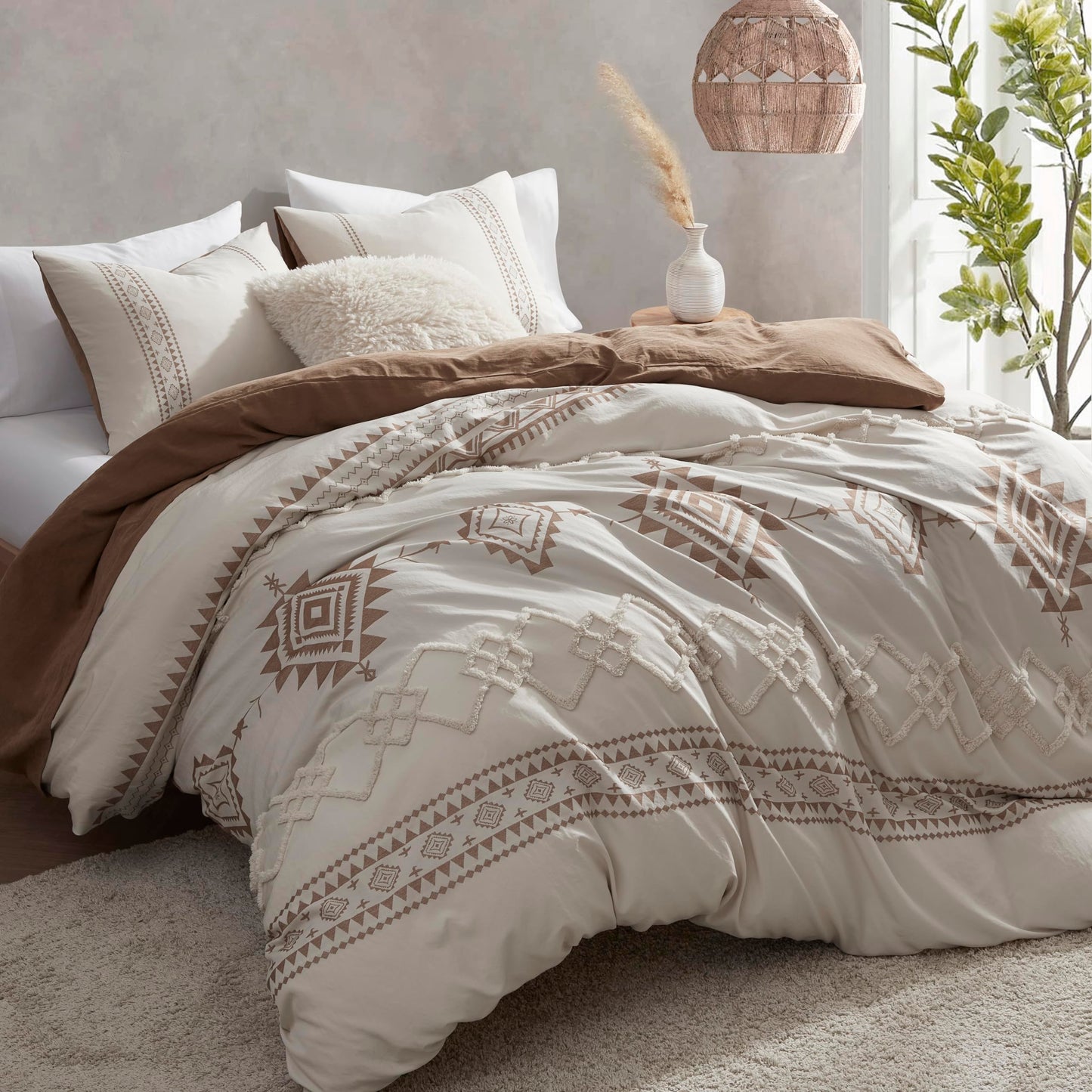 Oli Anderson Boho Duvet Cover Set King Size, Beige and Terracotta Color Clash 3 Pieces Microfiber Bedding Set, Durable and Super Soft Duvet Covers with Zipper and Ties, 104"*90"