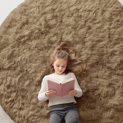 OLANLY Round Taupe Area Rug - Soft & Fluffy 6 ft Machine Washable Carpet for Bedroom & Living Room Decor