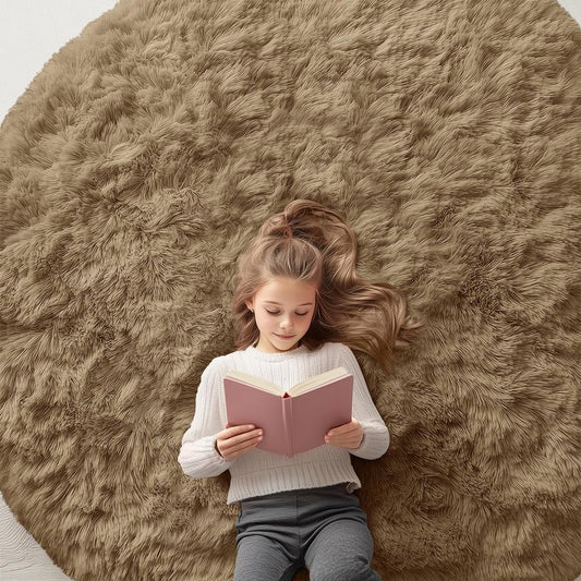 OLANLY Taupe Round Rugs for Bedroom - Machine Washable, 6 ft Circle Area Rugs for Living Room, Soft and Fluffy Shaggy Carpet for Teen Girl and Boys, Nursery Rooms, Dorms, Home Decor Aesthetic