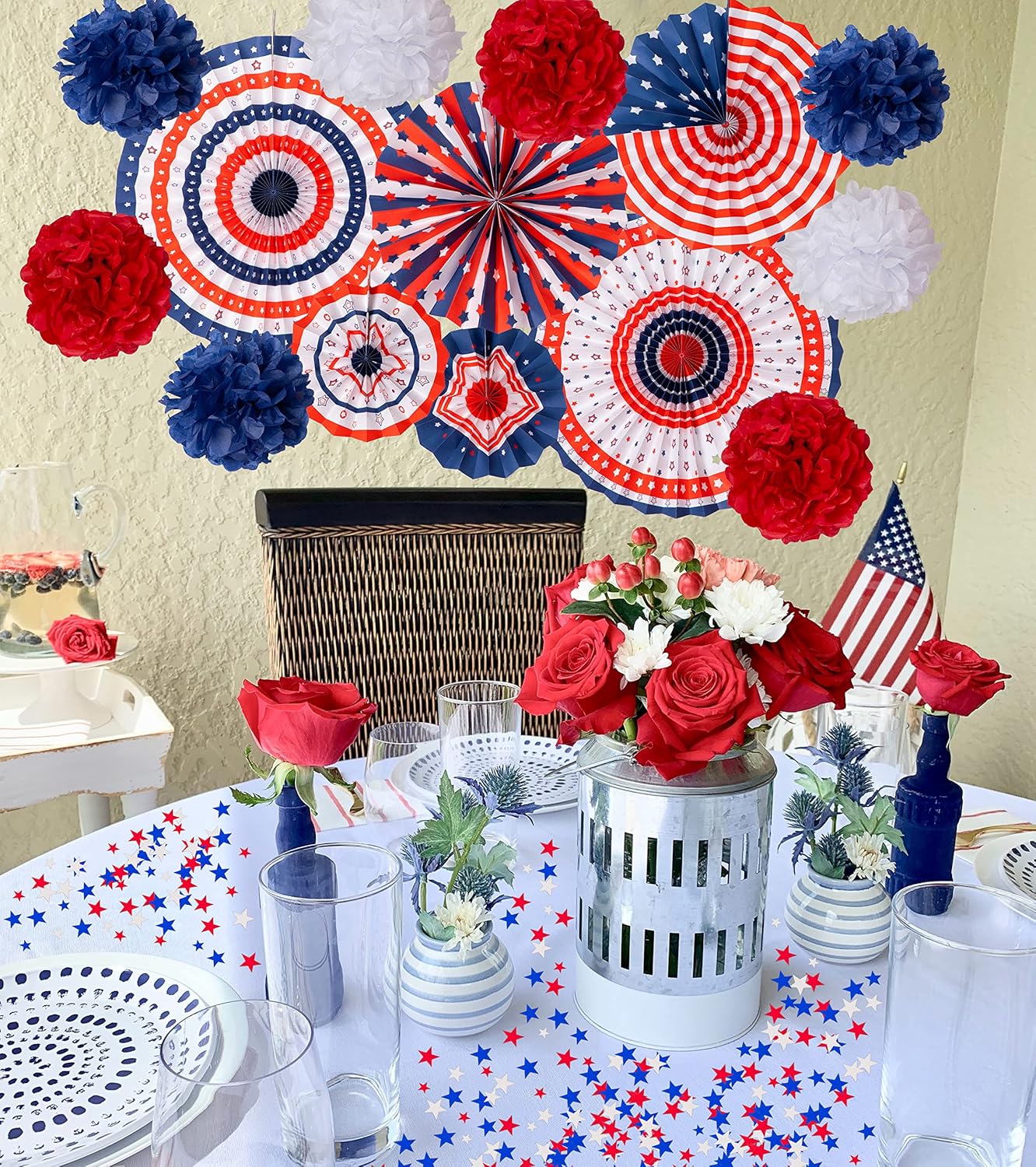 Red White Blue 29PCS Fourth of July Decorations Set | USA Flag Pennant, Paper Fans & Pom Poms