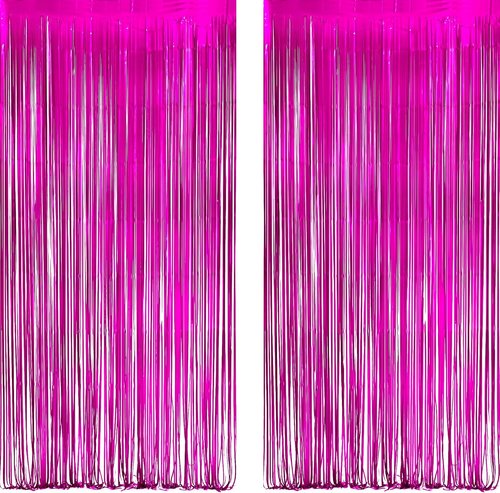 GREATRIL Shiny Fuchsia Tinsel Foil Fringe Curtain - Hot Pink Party Streamers Backdrop | 3.2ft X 8.2ft - 2 Packs