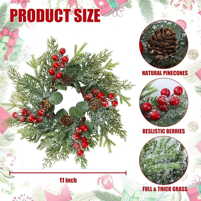 11-Inch 6 Pcs Christmas Candle Rings Norfolk Pine Wreaths with Red Berries and Pinecones