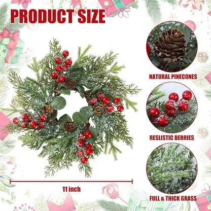 11-Inch 6 Pcs Christmas Candle Rings Norfolk Pine Wreaths with Red Berries and Pinecones