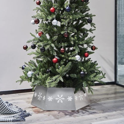 FORUP Metal Christmas Tree Ring - Printed Snowflake Design | Durable Tree Skirt Base Stand (Silver)