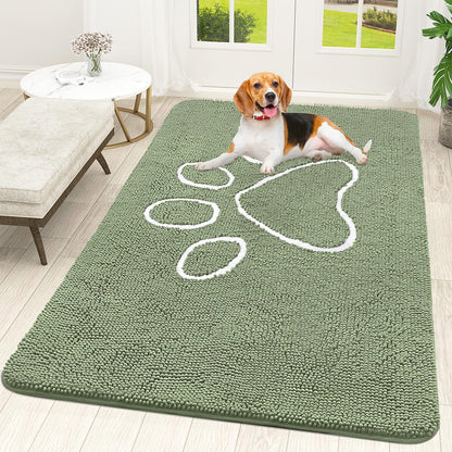 OLANLY Dog Door Mat for Muddy Paws 70x46, Paw Print Design, Absorbs Moisture and Dirt, Non-Slip Washable Doormat, Quick Dry Chenille Mud Mat for Dogs, Entry Indoor Entryway Carpet, Sage Green
