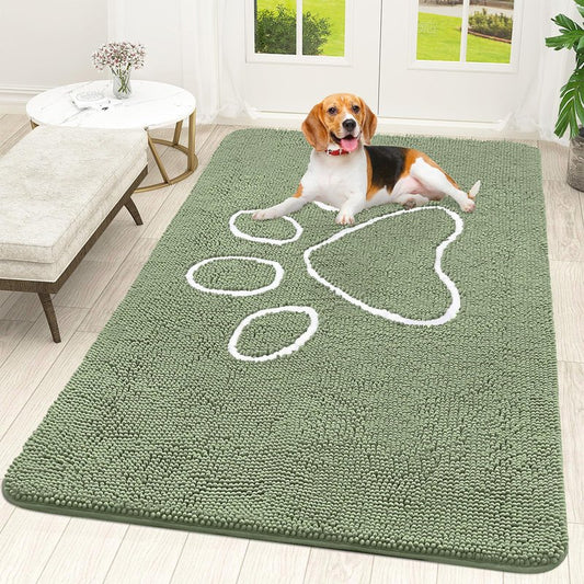 OLANLY Dog Door Mat for Muddy Paws 70x46, Paw Print Design, Absorbs Moisture and Dirt, Non-Slip Washable Doormat, Quick Dry Chenille Mud Mat for Dogs, Entry Indoor Entryway Carpet, Sage Green