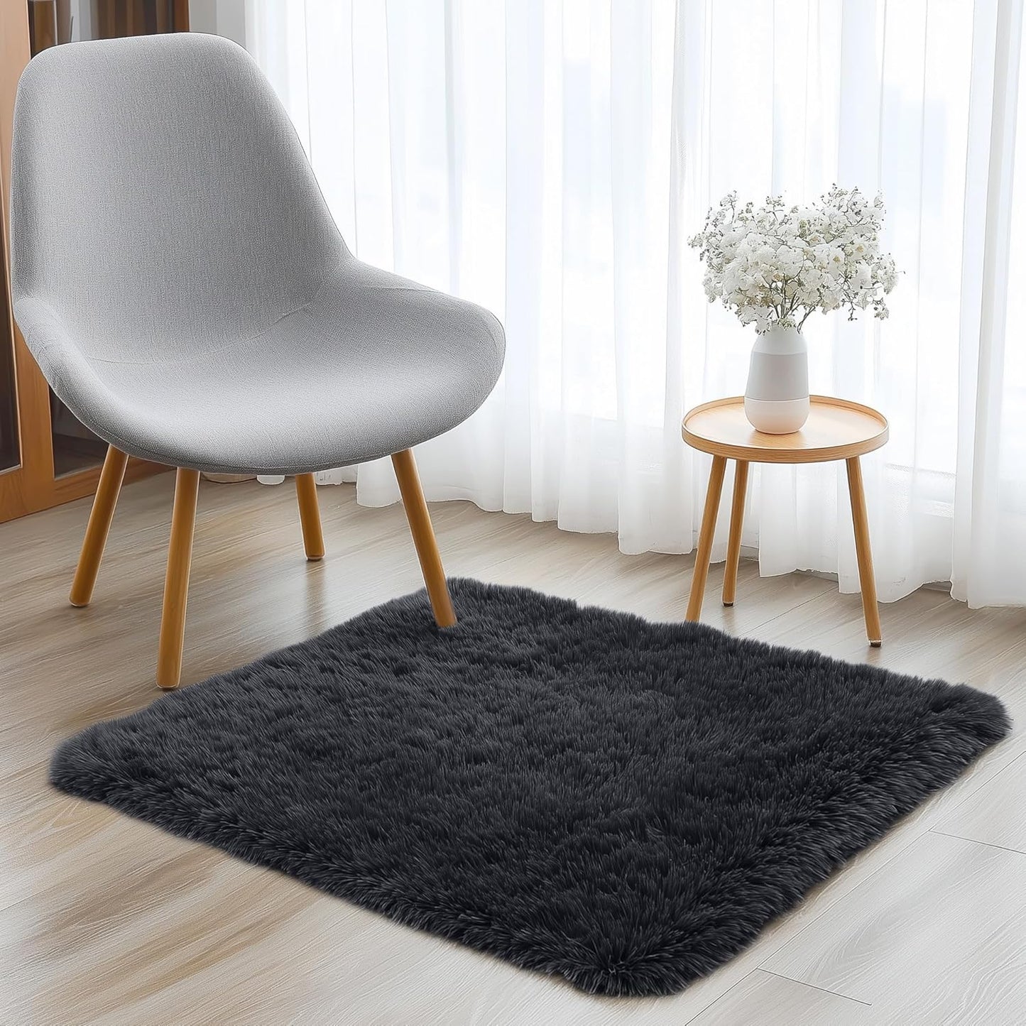 OLANLY Soft Fluffy Shaggy Bedside Rug - Machine Washable 3x3 ft | Perfect for Bedroom & Nursery Decor, Black
