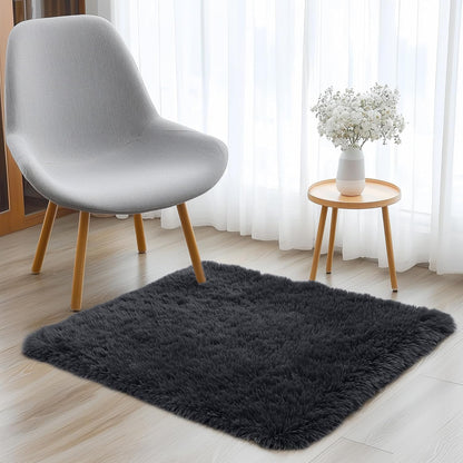 OLANLY Soft Fluffy Shaggy Bedside Rug - Machine Washable 3x3 ft | Perfect for Bedroom & Nursery Decor, Black