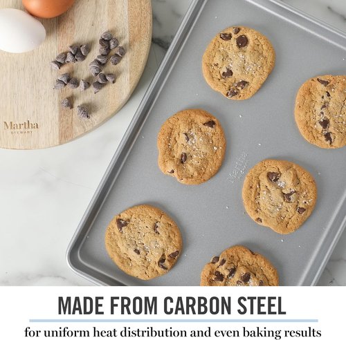 Martha Stewart Gallen Nonstick Carbon Steel Cookie Sheet - 13x9 Inch Durable Silver Baking Pan for Cookies & Brownies