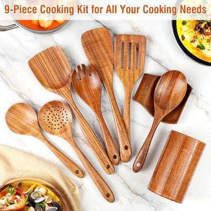 Mooues 9-Piece Natural Teak Wooden Kitchen Utensil Set - Comfort Grip Cooking Tools with Spoon Rest