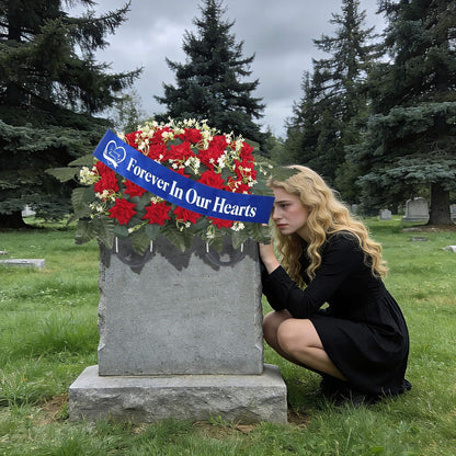 Regine Switzerland Elegant Funeral Wreath Sash - Forever in Our Hearts Memorial Ribbon (Blue)