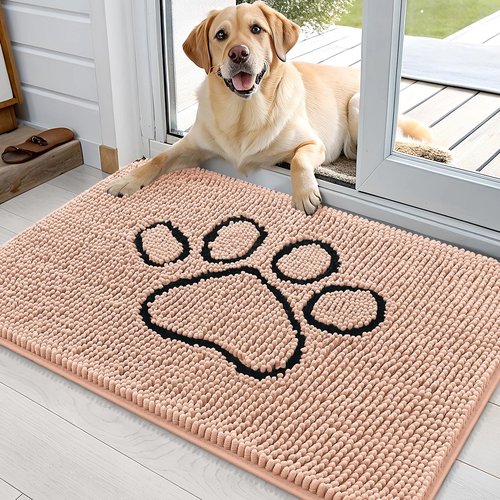 OLANLY Dog Door Mat for Muddy Paws 36x24, Paw Print Design, Absorbs Moisture and Dirt, Absorbent Non-Slip Washable Doormat, Quick Dry Chenille Mud Mat for Dogs, Entry Indoor Entryway Carpet, Peach