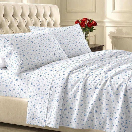 California Design Den Queen Size Cotton Sheet Set - 100% Soft, 400 TC, Award-Winning Sateen Finish | Floral White/Blue