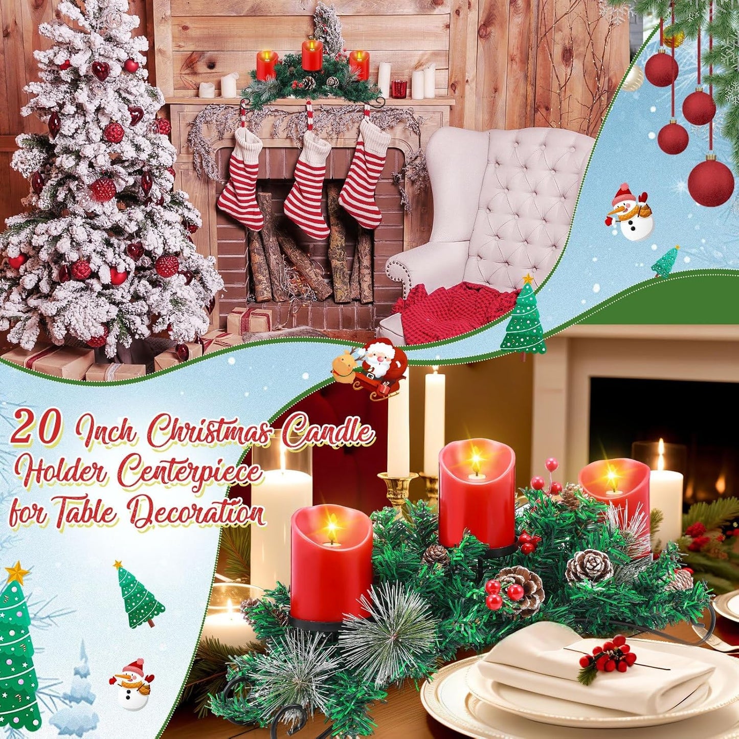 Mudder Christmas Table Centerpiece Set - 20" Steel Base with 3 Flameless LED Candles & Red Berry Decor